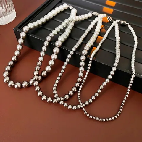 Collar De Perlas Artificiales Degradadas Vintage Francés Para Mujer Elegantes Perlas Artificiales De Imitación Blanco Gris Aleación Cadena De Clavícula