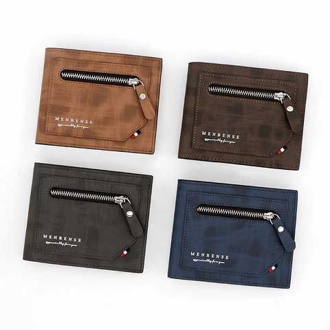 Men Short Bifold Wallet PU Leather Brushed Texture Front Zipper Pocket Card Slots Business Casual Purse Foldable