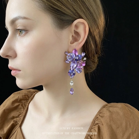 Purple Flower Drop Earrings With 925 Sterling Silver Earring Post Rhinestone Crystal Long Dangle Floral Women Jewelry