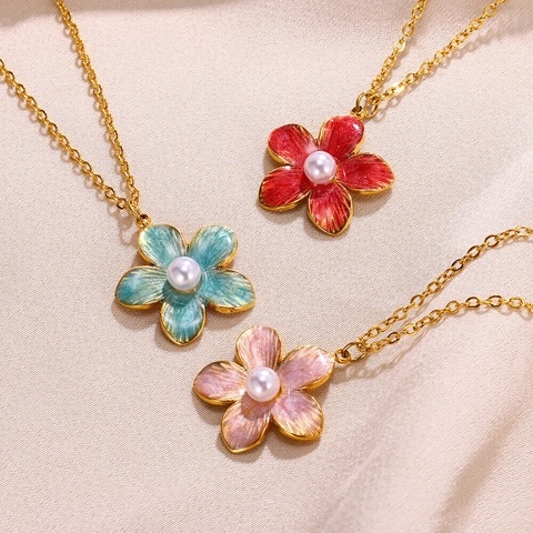 Stainless Steel Flower Petal Pendant Necklace With Artificial Pearl Inlaid Enamel Floral Stud Earrings For Women Jewelry