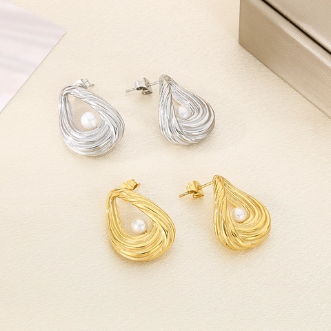Hollow Oval Teardrop Stud Earrings Stainless Steel Faux Artificial Pearl Striped Texture Spiral Elegant Jewelry For Women