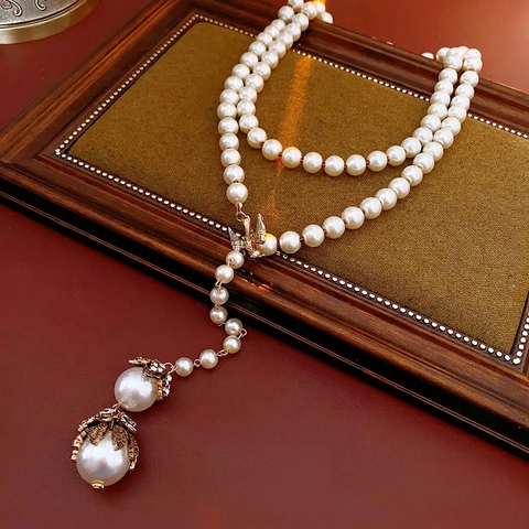 Vintage French Double Layer Imitation Artificial Pearl Necklace Flower Bird Alloy Rhinestone Y-Shape Pendant Women Elegant Jewelry