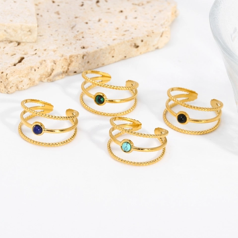 Retro Triple Layer Adjustable Ring 18K Gold Plated Stainless Steel Round Natural Stone Turquoise Agate Vintage Jewelry For Women