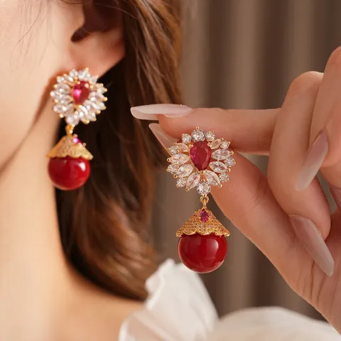 Vintage Floral Drop Earrings With Red Zircon Glass Bead And 925 Sterling Silver Earring Post Retro Luxury