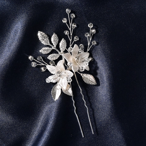 Bastoncino per Capelli Sposa Fiore Foglia Spilla a U Lega Perla Artificiale Strass Copricapo Matrimonio Elegante Gioielli Donna