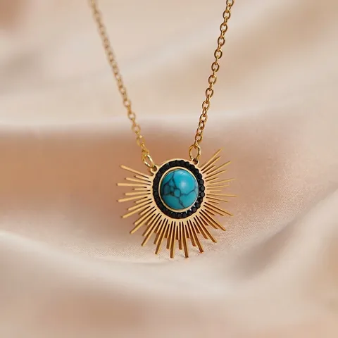 Vintage Pendant Necklace 14K Gold Plated Stainless Steel Natural Turquoise Stone Geometric Bohemian Jewelry For Women