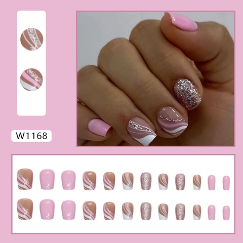 Faux Ongles À Presser Vagues Roses Paillettes Court Ballet Ongles Artificiels Manucure Portable Style Y2K Pour Femmes