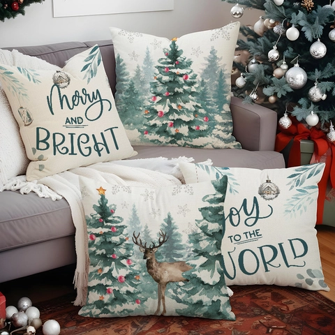Weihnachts Kissenbezüge Leinen Aquarell Baum Elch Festliche Kissenhüllen Für Sofa Heimdekoration Nordischer Stil