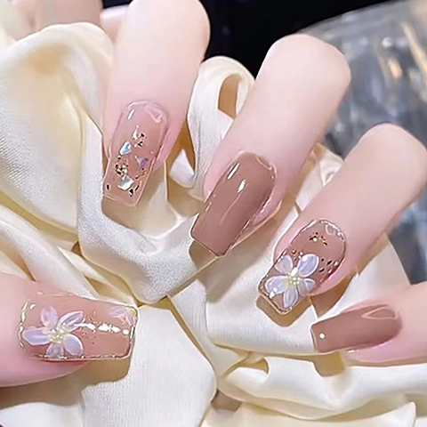 Glossy Press On Nails Pink Flower Design Nude French Style Sweet Elegant False Fingernails For Women