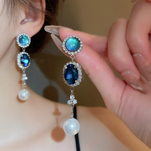 Orecchini Pendenti Vintage Con Strass Blu E Künstliche Perle Sintetiche Con Perno In Argento Sterling 925 Stile Palazzo Francese Per Donne