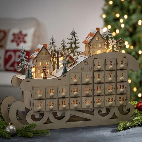 Calendario De Adviento De Trineo De Madera De Navidad Con Luces LED Para Decoración De Escritorio Artesanía De Boj