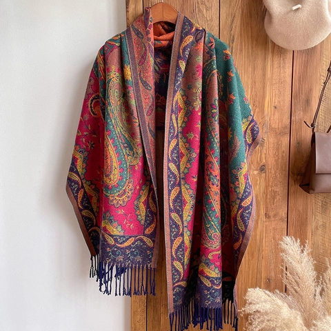 Paisley Ethno Schal Damen Pashmina Imitat Dick Warm Groß Vintage Tuch Mit Fransen Für Winter Reisen