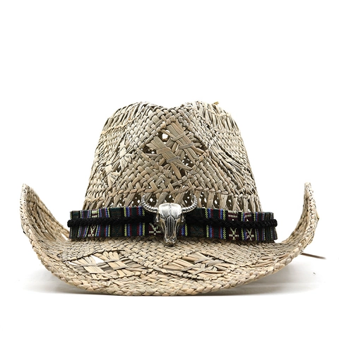 Western Cowboyhut Stroh Breite Krempe Sonnenschutz Atmungsaktiv Vintage Bullenschädel Outdoor Sommer Unisex
