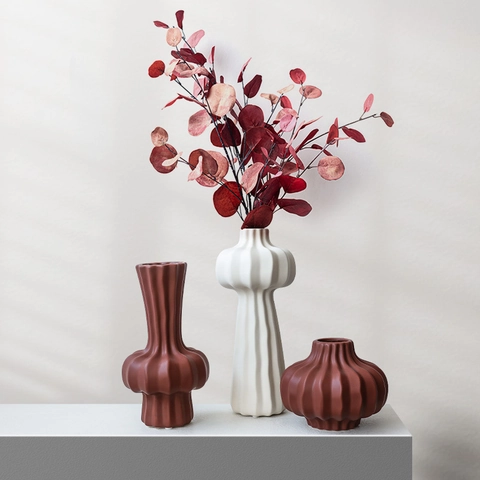 Modern Minimalist Ceramic Vase Ribbed Pleated Texture Matte Decorative Flower Pot Home Living Room Office Decor Accessory