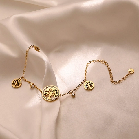Pulsera de Acero de Titanio Árbol de la Vida para Mujer Chapada en Oro con Dije de Circonia Joyería de Moda Europea