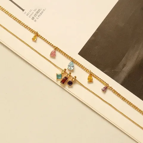 Brass 18K Gold Plated Colorful Zirconia Pendant Necklace For Women Elegant Geometric Teardrop Square Fashion Jewelry