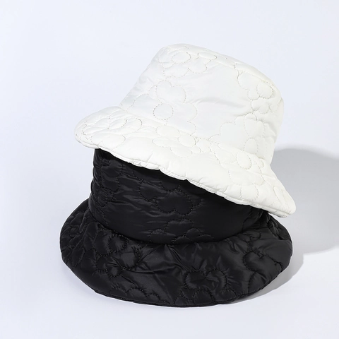 Women Quilted Flower Pattern Bucket Hat Warm Padded Winter Fisherman Hat Windproof Outdoor Solid Color Elegant