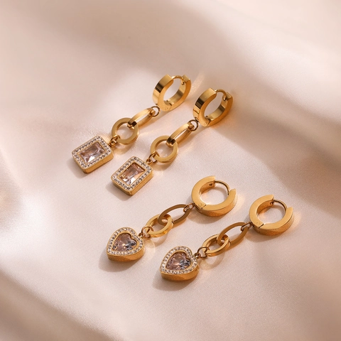Heart Geometric Dangle Earrings Gold Plated Stainless Steel Cubic Zirconia Multi Link Fashion Jewelry For Women