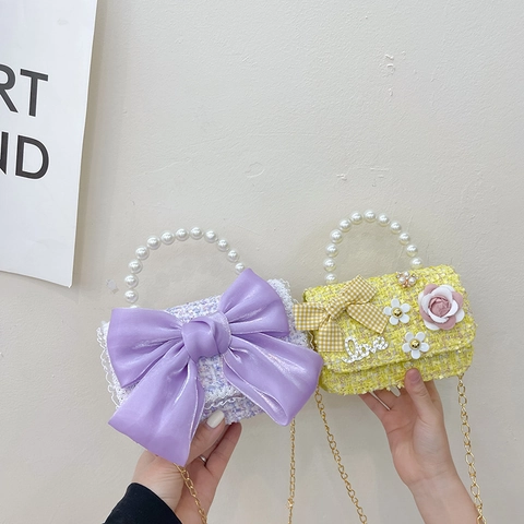 Borsa A Tracolla In Tweed Per Ragazze Con Manico In Künstliche Perle Fiocco E Decoro Floreale Stile Principessa Borsetta Per Bambini