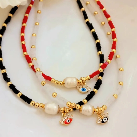 Böhmische Evil Eye Anhänger Halskette Natürliche Süßwasserperle Quadratischer Kristall Handgefertigter Choker Für Damen