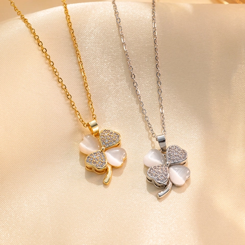 Collana con Ciondolo Quadrifoglio in Acciaio Inossidabile per Donna Oro Argento Galvanizzato Strass Elegante Gioielli di Moda Regalo