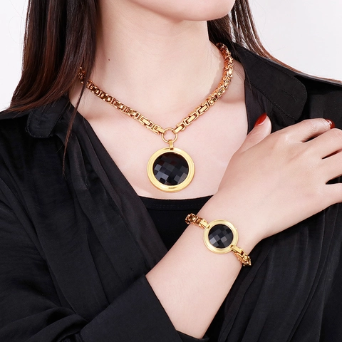 Collana E Bracciale In Cristallo Di Vetro Tondo Sfaccettato Gioielli Acciaio Inossidabile Catena Bizantina Chiusura A Barra Moda Donna