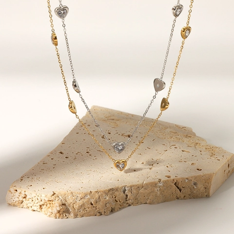Collar Con Dije De Corazón Acero Inoxidable Chapado En Oro De 18K Circonita Cadena Elegante Joyería Para Mujer