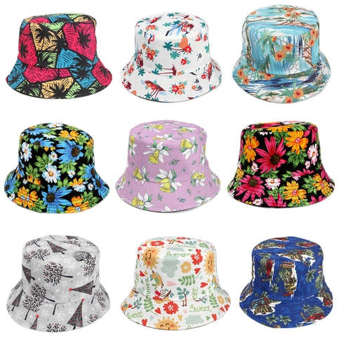 Reversible Bucket Hat Cotton Polyester Sun Protection Summer Beach Tropical Floral Coconut Tree Print Colorful Women