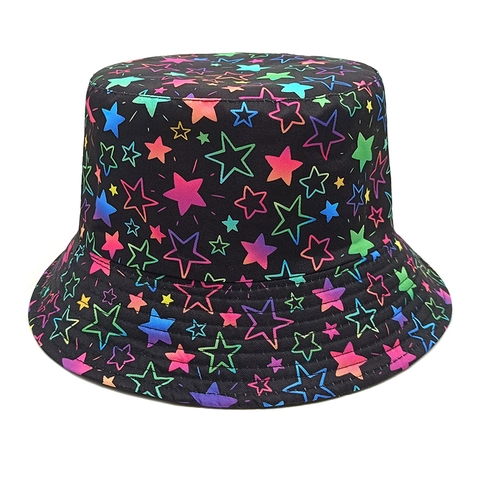 Kleurrijke Ster Pentagram Patroon Vissershoed Polyester Zonbescherming Outdoor Streetwear Retro Voor Heren Dames