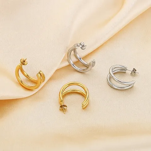 Double Hoop Ohrringe Für Frauen Minimalistisch Geometrisch C-Form Hochwertig Titanstahl Poliert Modern Ins Stil Schmuck