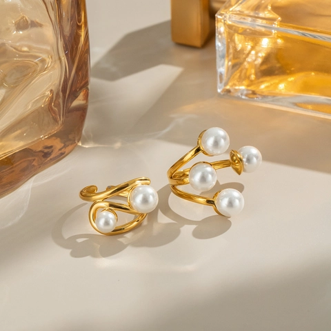 Geometrischer Künstliche Perlenring Aus Vergoldetem Edelstahl Wasserdicht Anlauffrei Verstellbar Offen Eleganter Schmuck Für Damen
