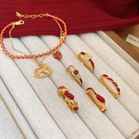 Vintage Red Enamel Ring Gold Plated Copper With Zircon Adjustable Open Hand Jewelry For Women
