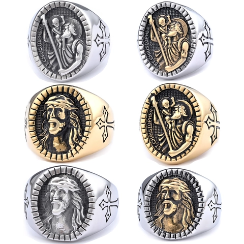 Anello Di Rilievo Religioso Vintage San Cristoforo Gesù Acciaio Inossidabile Croce Sigillo Retrò Gioielli Uomo Unisex
