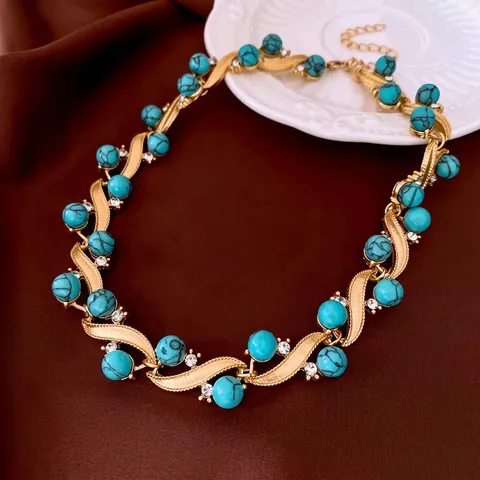 Vintage Turquoise Jewelry Necklace Earrings Alloy With Rhinestone Palace Style For Women Silver Earring Post