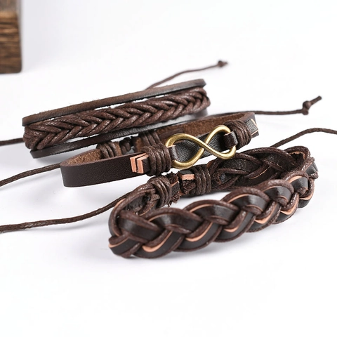 Vintage Mehrlagiges Geflochtenes Lederarmband Mit Legierung Unendlichkeitssymbol Anhänger Verstellbar Braun