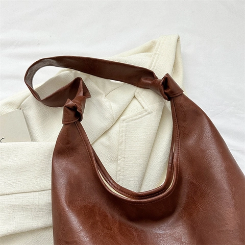 Grand Sac Fourre Tout Pour Femme Cuir PU Bandoulière Nouée Style Hobo Vintage Navette Quotidienne Sac À Main