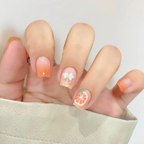 Press On Nails Summer Orange Ombre ABS Plastic 3D Flower Short Square Glossy Artificial Finger Manicure Decor For Women