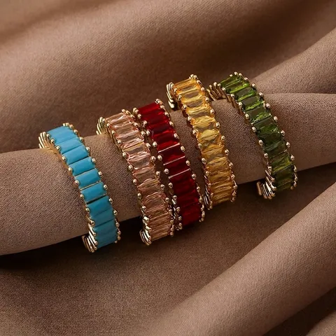 Lussuoso Anello Aperto in Rame con Zirconia Colorata Geometrica Intarsiata Regolabile Gioielli alla Moda da Donna