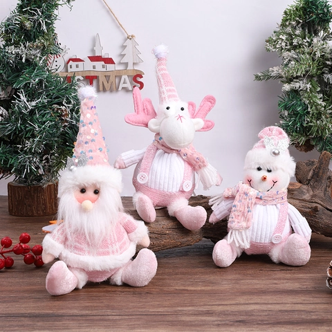 Christmas Plush Doll Ornaments Pink Sequin Knitted Santa Snowman Reindeer Telescopic Legs Tabletop Shelf Home Decoration