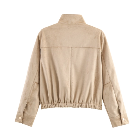 Chaqueta De Gamuza Sintética Para Mujer Color Sólido Cuello Alto Cremallera Ropa De Abrigo Con Botones Bolsillos Informal