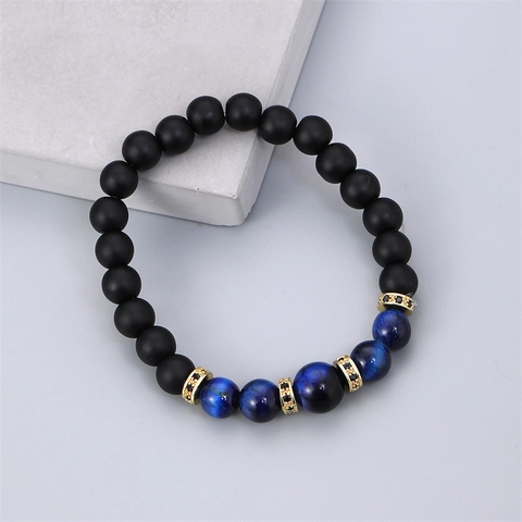 Men's Beaded Bracelet With Blue Tiger Eye And Matte Lava Stone Alloy Spacers Elastic Healing Jewelry