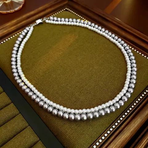 Collana A Doppio Strato Di Künstliche Perle Sintetiche Con Grani Grigi E Bianchi Elegante Catenina Clavicola Gioielli In Lega