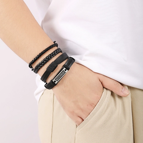 Mehrlagiges Herren Lederarmband Handgefertigt Geflochten Perlen Stern Best Friend Charm Vintage Punk Stil