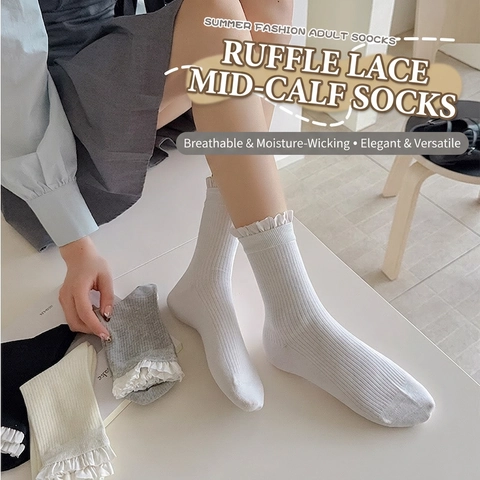 Calcetines Media Pantorrilla Mujer Mezcla De Algodón Ribete De Encaje Punto Canalé Estilo Japonés Color Sólido