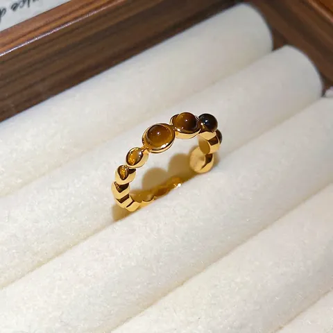 Tijgeroog Open Ring Goud Verguld Koper Verstelbaar Ronde Edelsteen Golf Band Frans Retro Luxe Dames