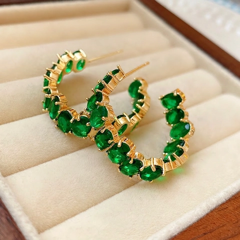 Hoop Oorbellen Met Smaragdgroene Zirconia Ovaal Gesneden Vintage Verguld Koper Luxe Zilveren Oorbel Post Voor Vrouwen