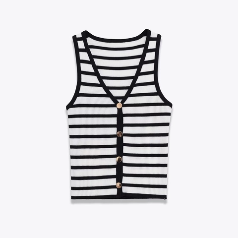 Damen Gestreifte Strickweste Ärmellose V-Ausschnitt Strickjacke Top Mit Goldene Knöpfen Gerippt Polyester Acryl