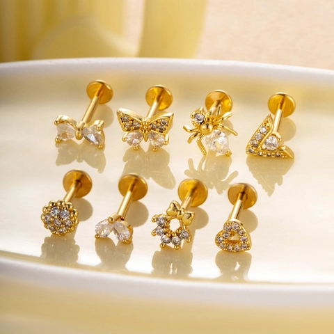 Stainless Steel Cartilage Stud With Zirconia Internally Threaded Flat Back Piercing Jewelry Heart Butterfly Spider Shape