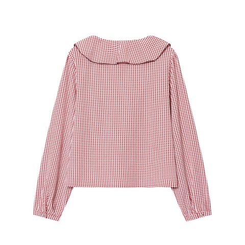 Damen Gingham Bluse Langarm Polyester Rüschen V-Ausschnitt Bindeband Vorne Elegantes Karohemd Lässiges Top