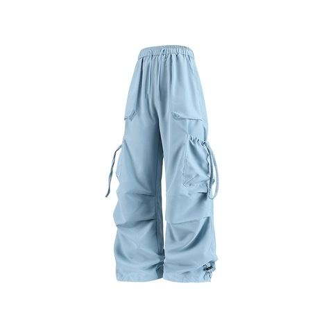 Pantaloni Cargo Uomo Poliestere Tasche Multiple Coulisse Gamba Larga Vita Alta Streetwear Pantaloni Casual